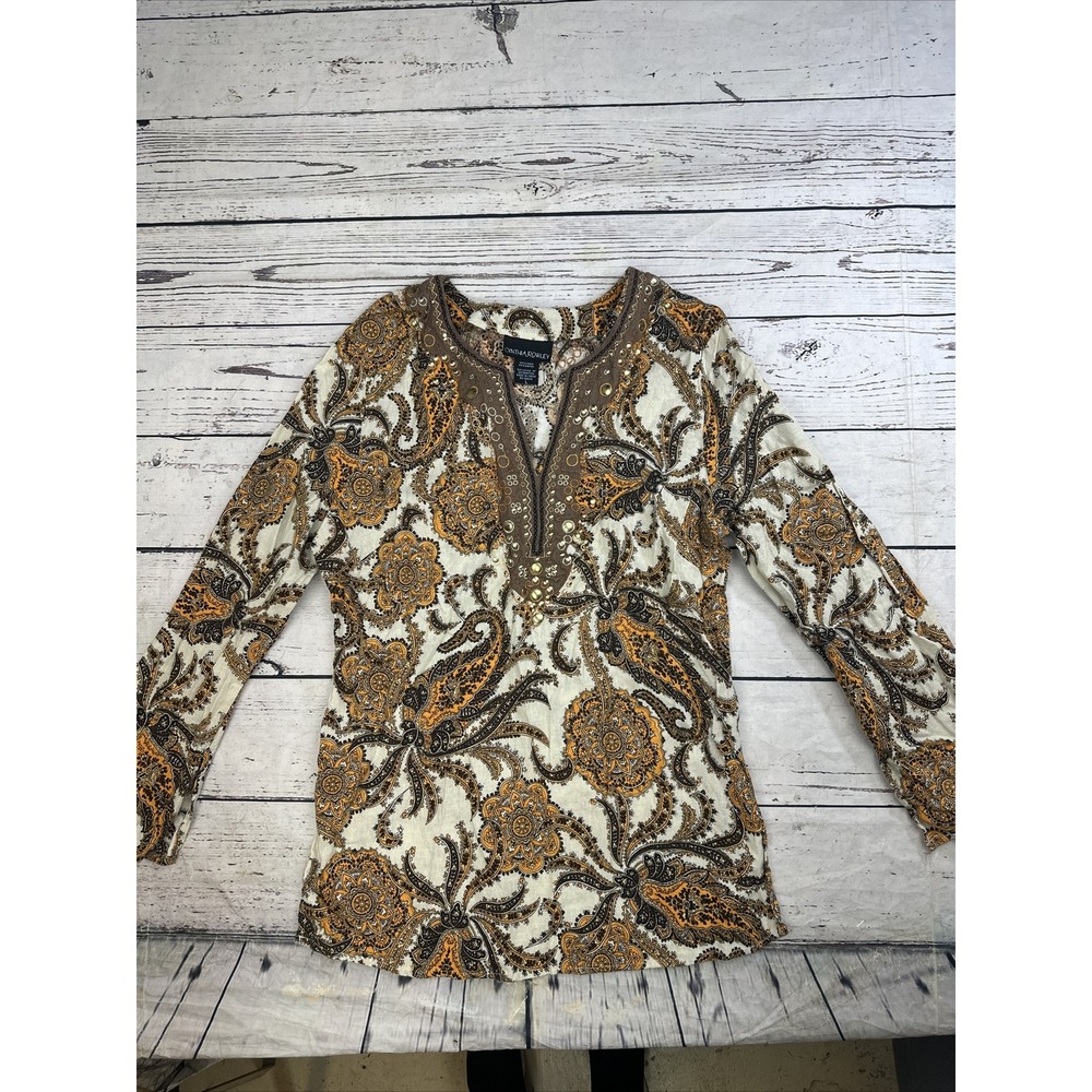 Cynthia Rowley Blouse Large Floral Paisley V-neck 3/4 Bell Sleeve Brown Gold Top